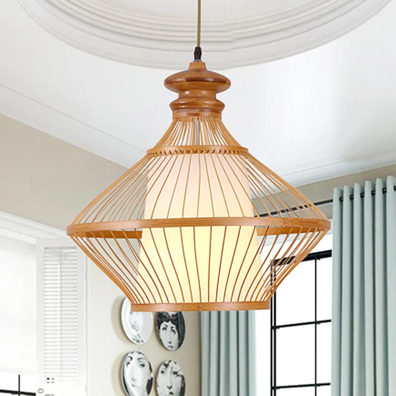 Bamboe Urn-plafondlamp Japanse hangende hanglamp met 1 kop beige met taps toelopende witte perkamenten kap aan de binnenka...