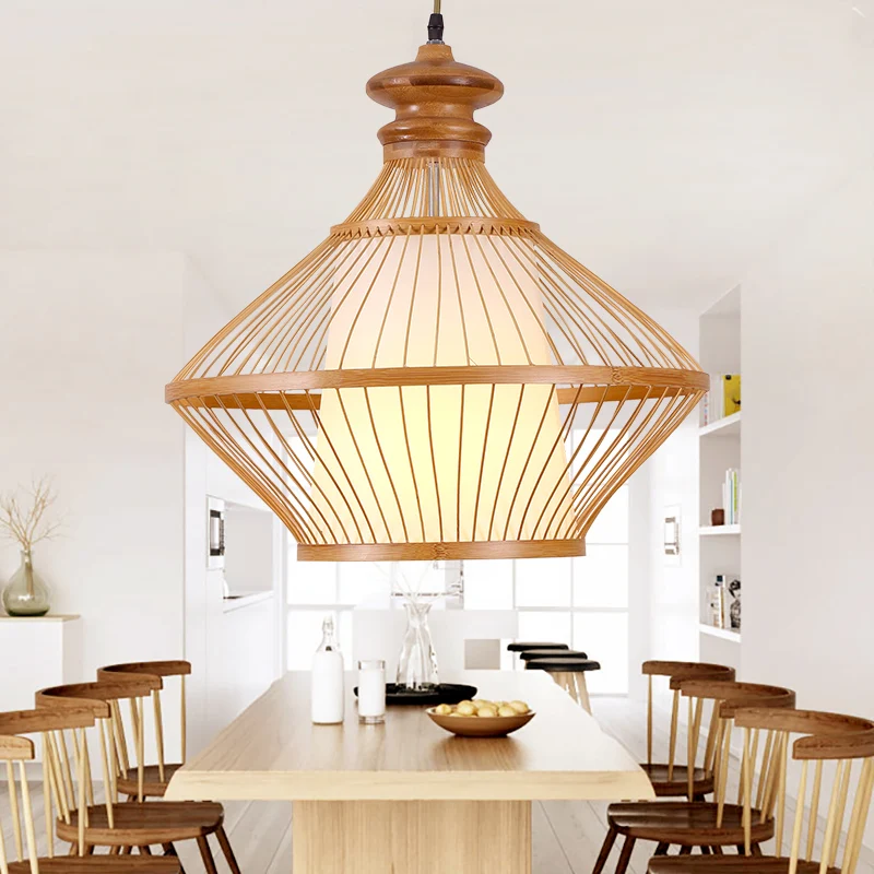 Bamboe Urn-plafondlamp Japanse hangende hanglamp met 1 kop beige met taps toelopende witte perkamenten kap aan de binnenka...