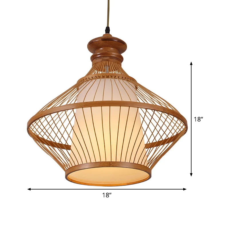 Bamboe Urn-plafondlamp Japanse hangende hanglamp met 1 kop beige met taps toelopende witte perkamenten kap aan de binnenka...