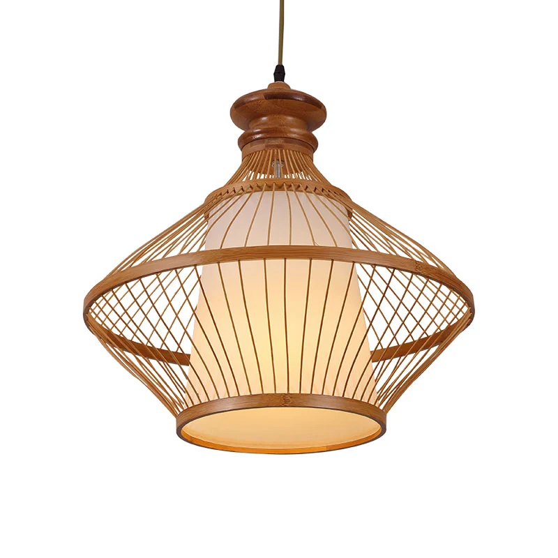 Bamboe Urn-plafondlamp Japanse hangende hanglamp met 1 kop beige met taps toelopende witte perkamenten kap aan de binnenka...