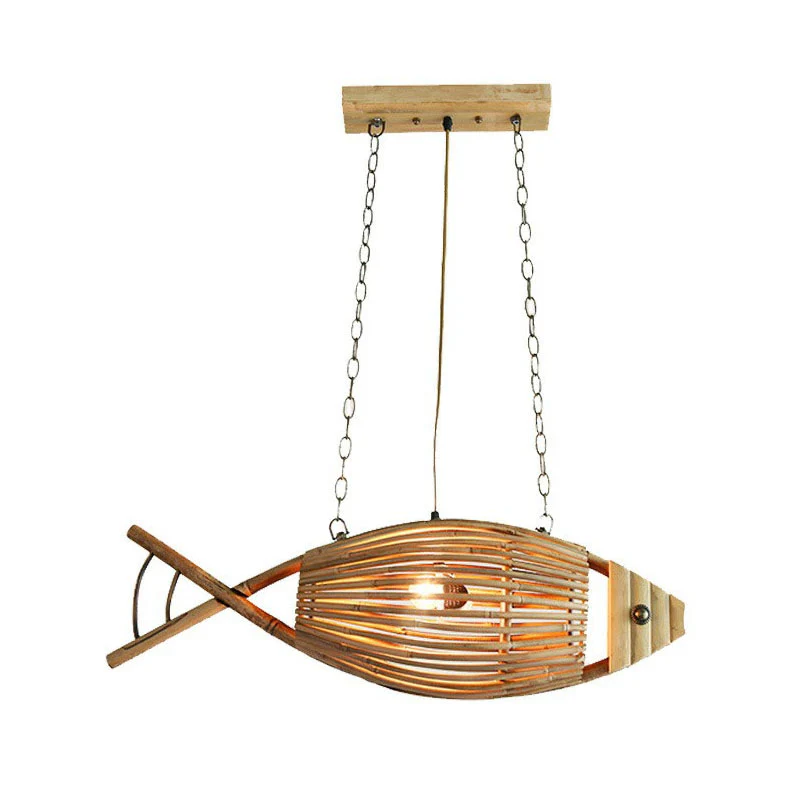 Bamboe vis hanglamp Aziatische stijl enkele kroonluchter licht hout voor restaurant Clearhalo