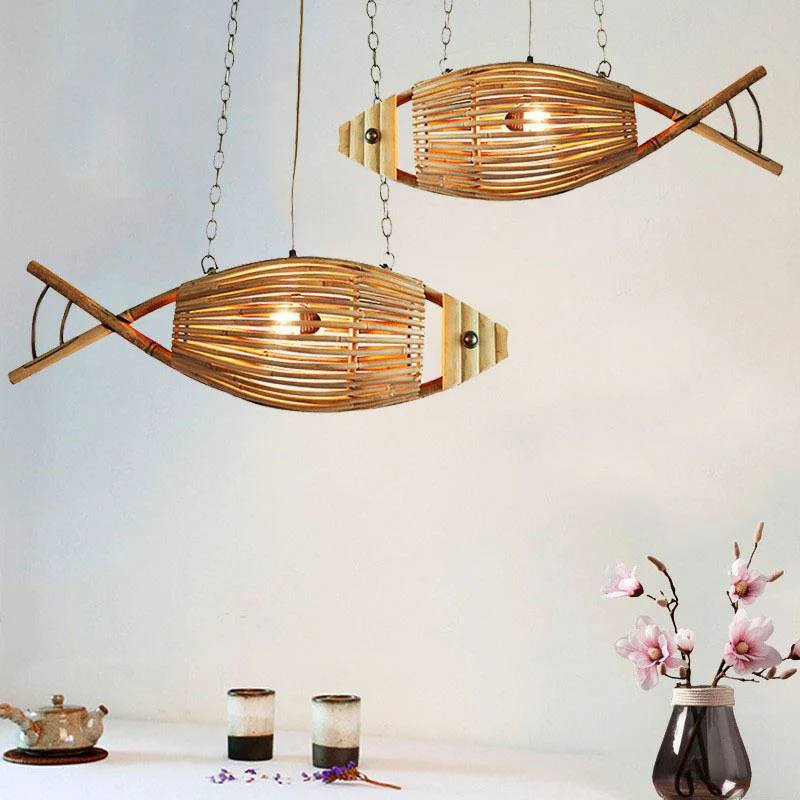 Bamboe vis hanglamp Aziatische stijl enkele kroonluchter licht hout voor restaurant Clearhalo