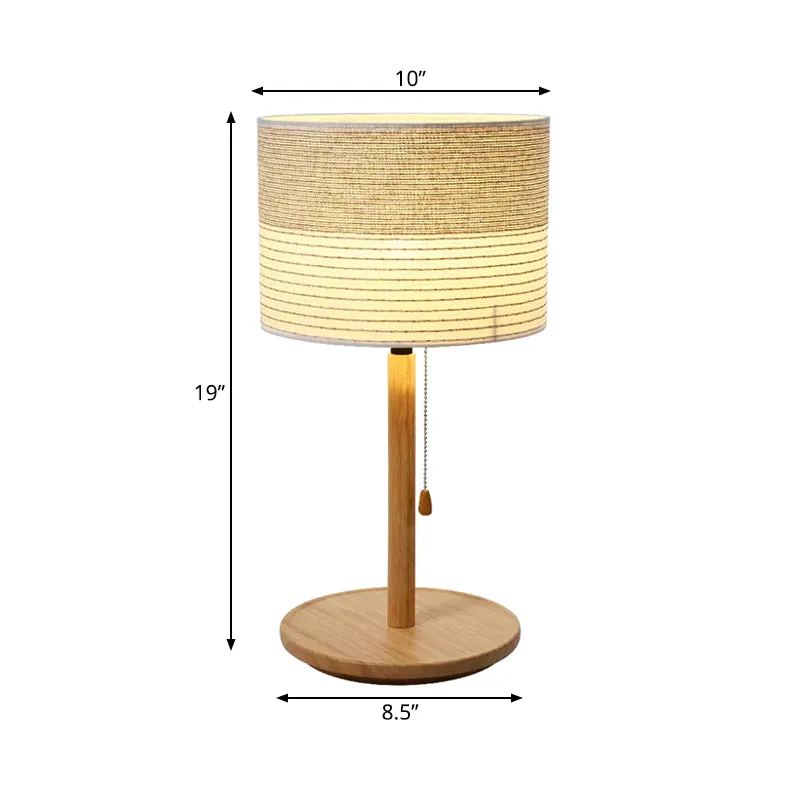 Barrel Shade Pull Chain Tafellamp Modern gestreept stof eenpersoonsbed Nachtlampje met houten standaard Clearhalo