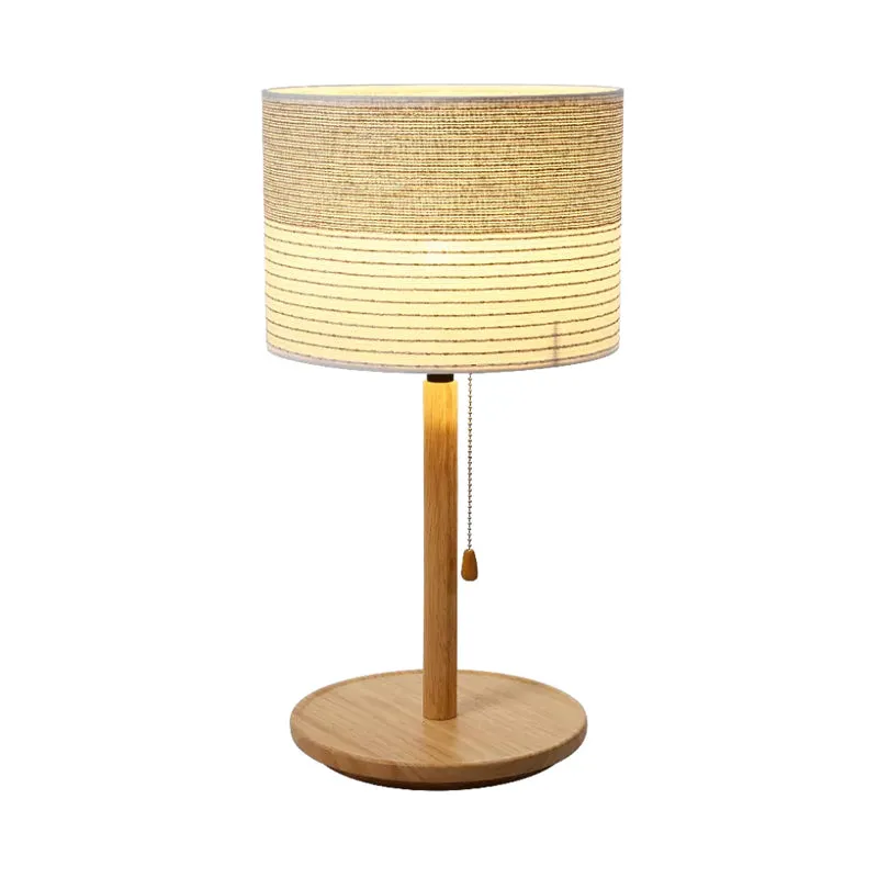 Barrel Shade Pull Chain Tafellamp Modern gestreept stof eenpersoonsbed Nachtlampje met houten standaard Clearhalo