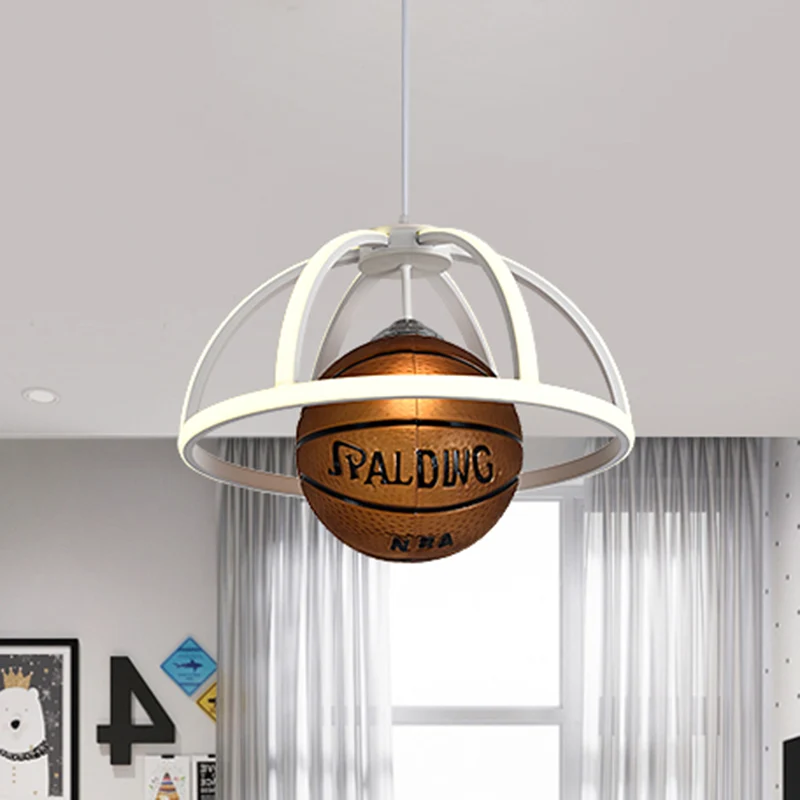 Basketbal hanglamp kinder acryl 1-lichts witte en bruine hanglamp met koepelframe warm/wit licht Clearhalo