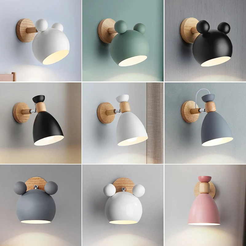 Bear/Bell roterende wandlamp Macaron ijzer 1-kops nachtkastje leeswandlamp wit/roze/groen en hout Clearhalo