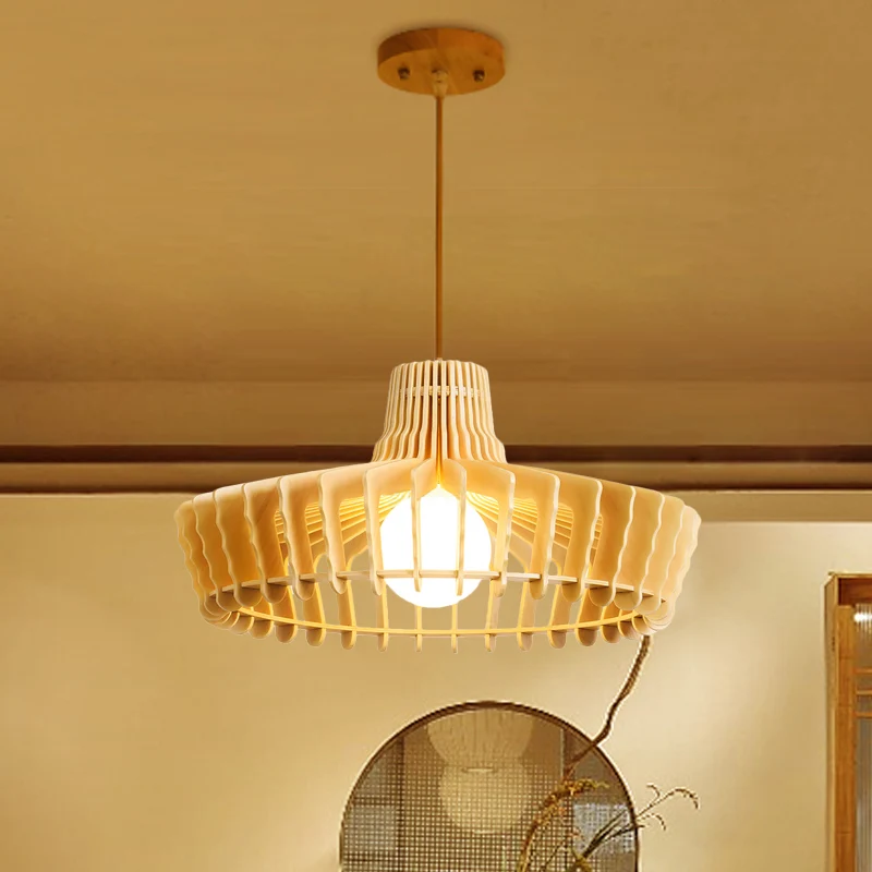 Beige bol/hoed hanglamp eigentijds 1 kop houten plafond hanglamp voor restaurant Clearhalo