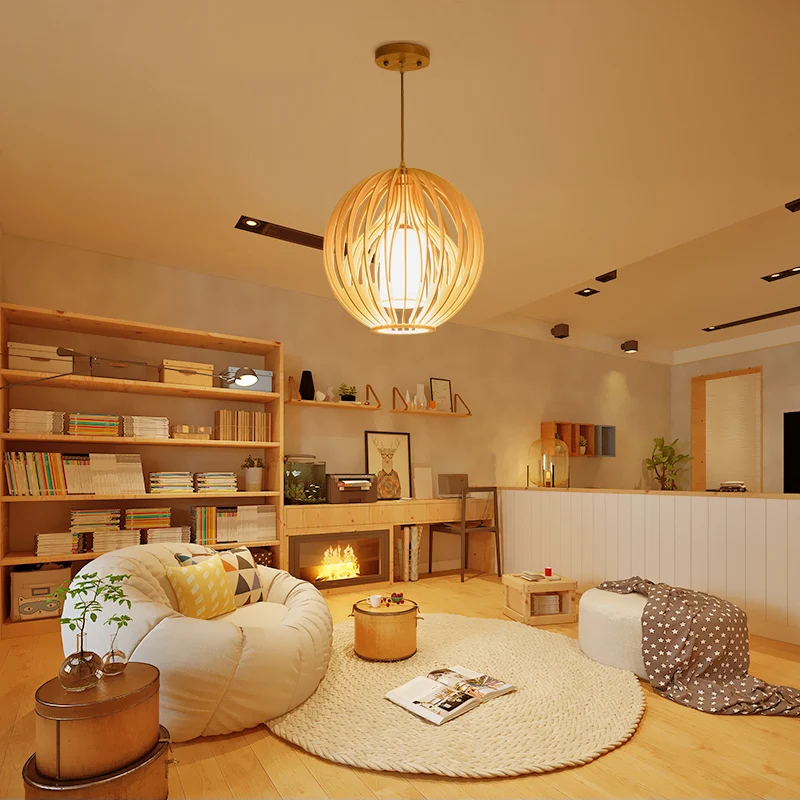 Beige bol/hoed hanglamp eigentijds 1 kop houten plafond hanglamp voor restaurant Clearhalo