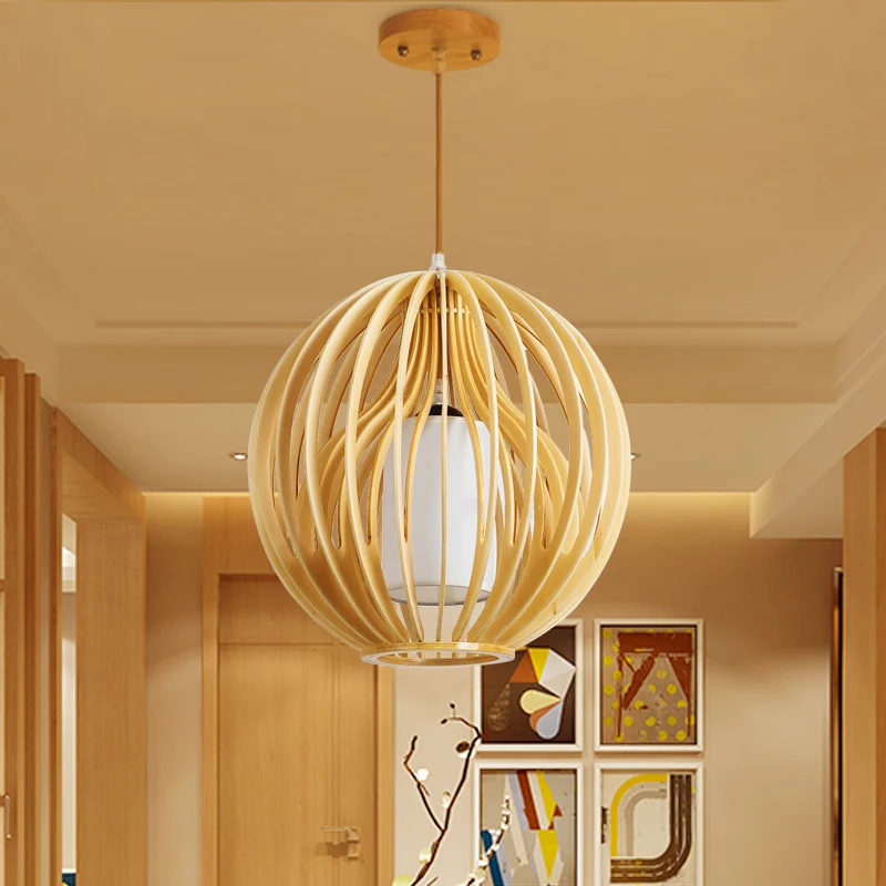 Beige bol/hoed hanglamp eigentijds 1 kop houten plafond hanglamp voor restaurant Clearhalo