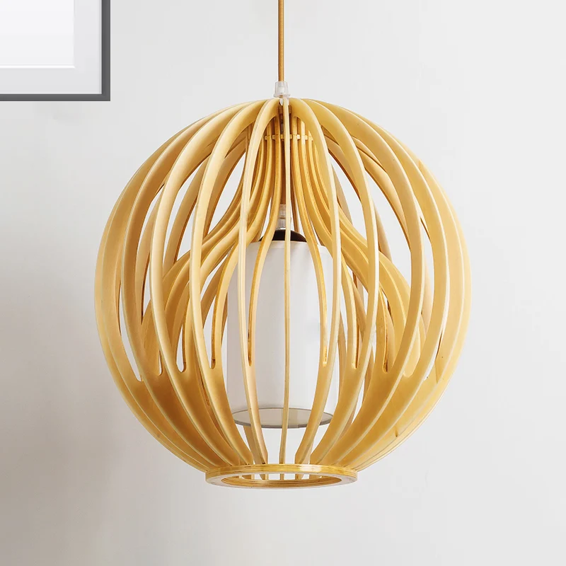 Beige bol/hoed hanglamp eigentijds 1 kop houten plafond hanglamp voor restaurant Clearhalo