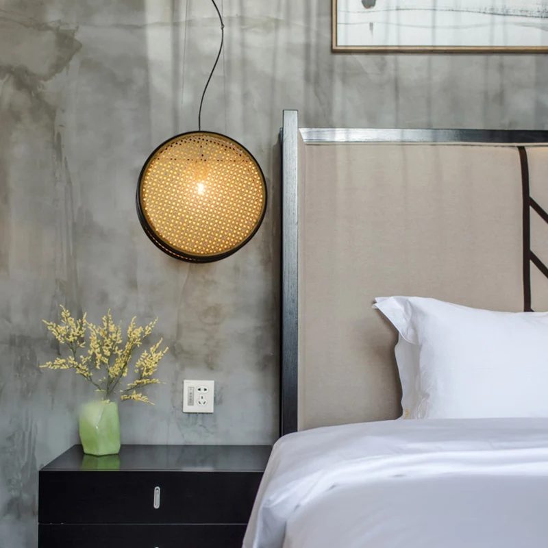 Beige cirkel hangende plafondlamp Creatieve Aziatische 1-lichts rotan druppelhanger voor slaapkamer Clearhalo