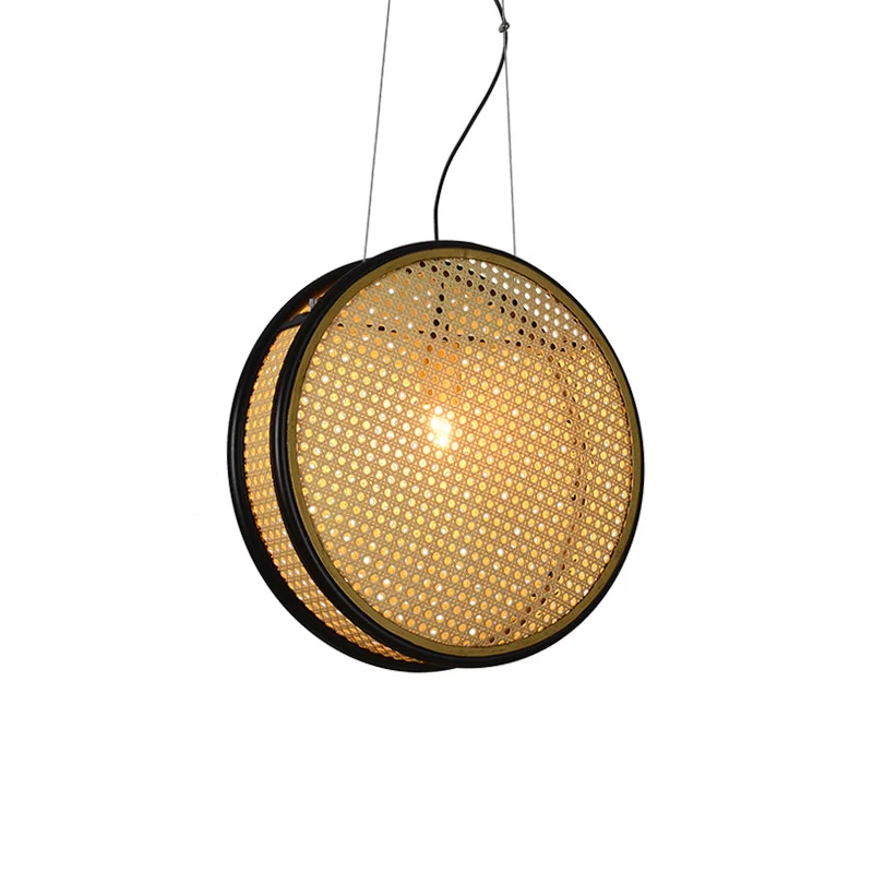 Beige cirkel hangende plafondlamp Creatieve Aziatische 1-lichts rotan druppelhanger voor slaapkamer Clearhalo