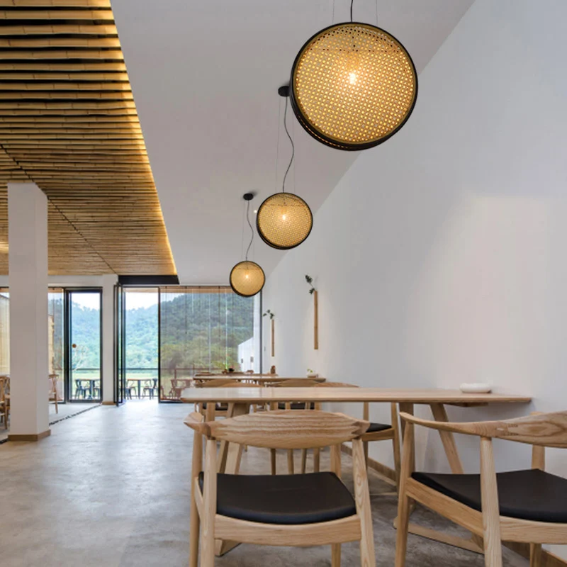 Beige cirkel hangende plafondlamp Creatieve Aziatische 1-lichts rotan druppelhanger voor slaapkamer Clearhalo