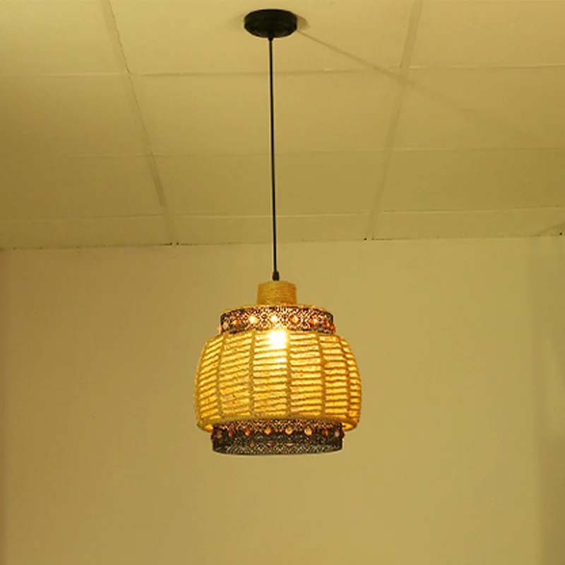 Beige handgeweven hanglamp Countryside 1-lichts touw en metalen hanglamp met juwelenaccent Clearhalo