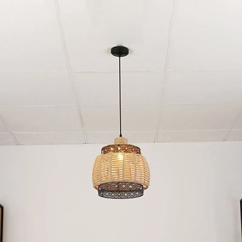 Beige handgeweven hanglamp Countryside 1-lichts touw en metalen hanglamp met juwelenaccent Clearhalo