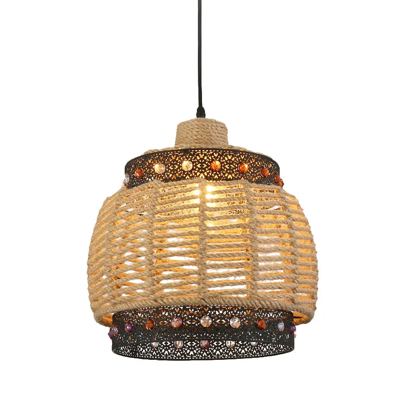 Beige handgeweven hanglamp Countryside 1-lichts touw en metalen hanglamp met juwelenaccent Clearhalo
