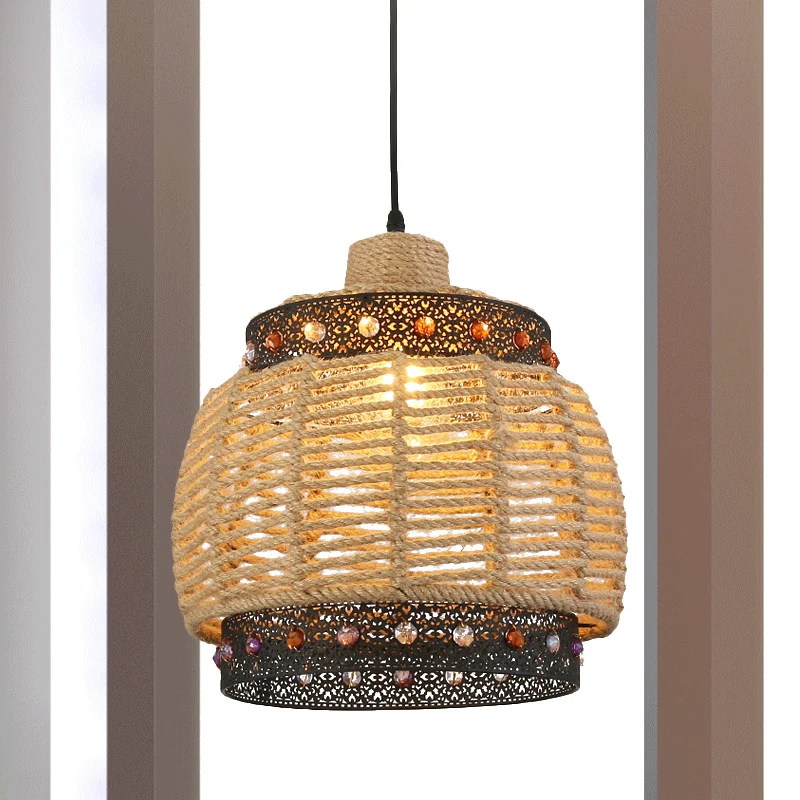 Beige handgeweven hanglamp Countryside 1-lichts touw en metalen hanglamp met juwelenaccent Clearhalo