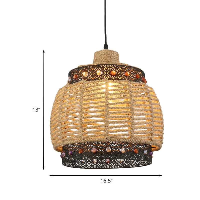 Beige handgeweven hanglamp Countryside 1-lichts touw en metalen hanglamp met juwelenaccent Clearhalo