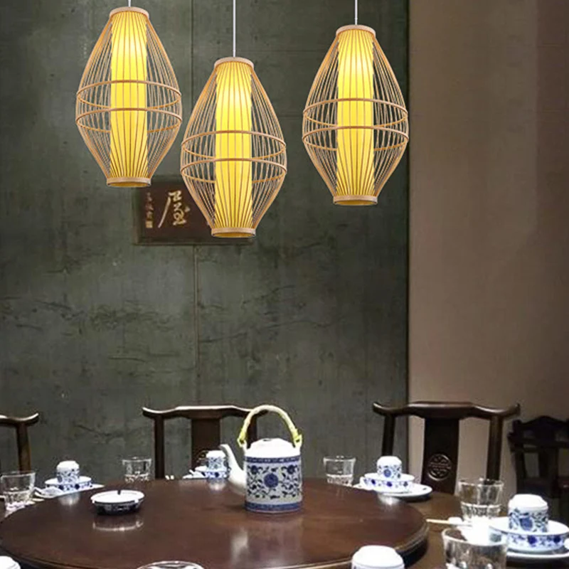 Beige handgeweven hanglamp met ovale kap Aziatische stijl 1-lichts bamboe hanglamp Clearhalo