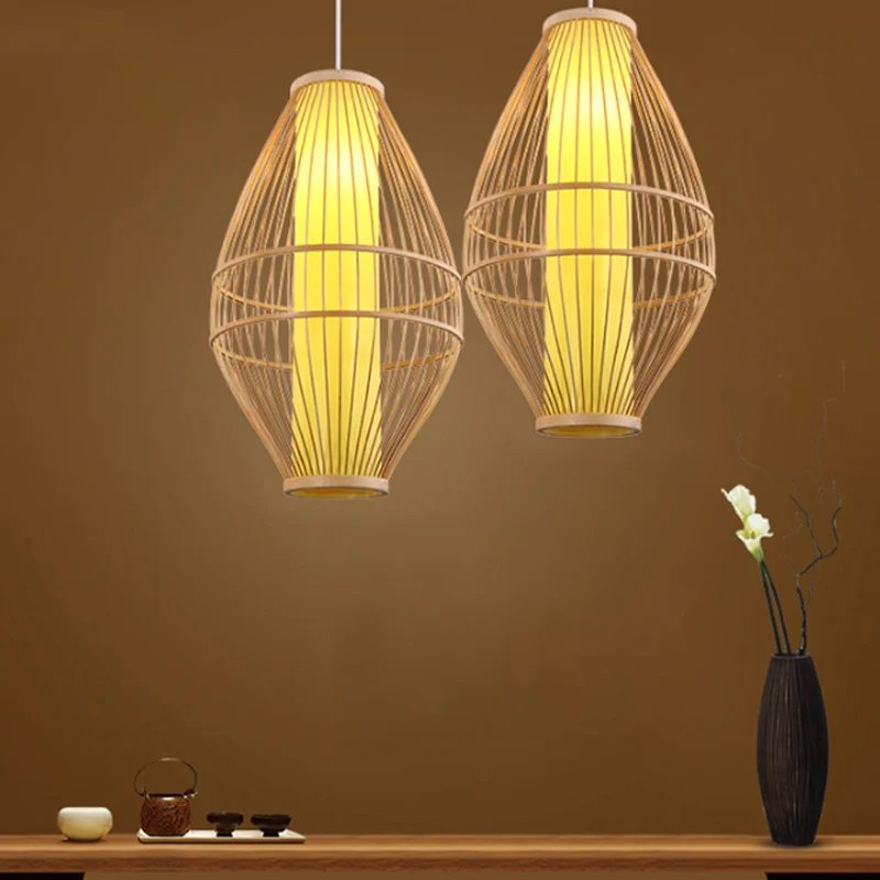 Beige handgeweven hanglamp met ovale kap Aziatische stijl 1-lichts bamboe hanglamp Clearhalo