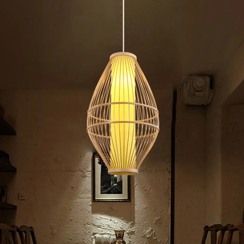 Beige handgeweven hanglamp met ovale kap Aziatische stijl 1-lichts bamboe hanglamp Clearhalo