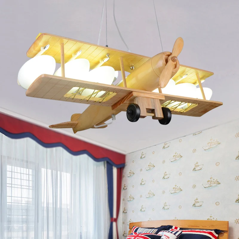 Beige hanglamp Scandinavische stijl, zweefvliegtuigvormige houten hanglamp voor de kleuterschool Clearhalo