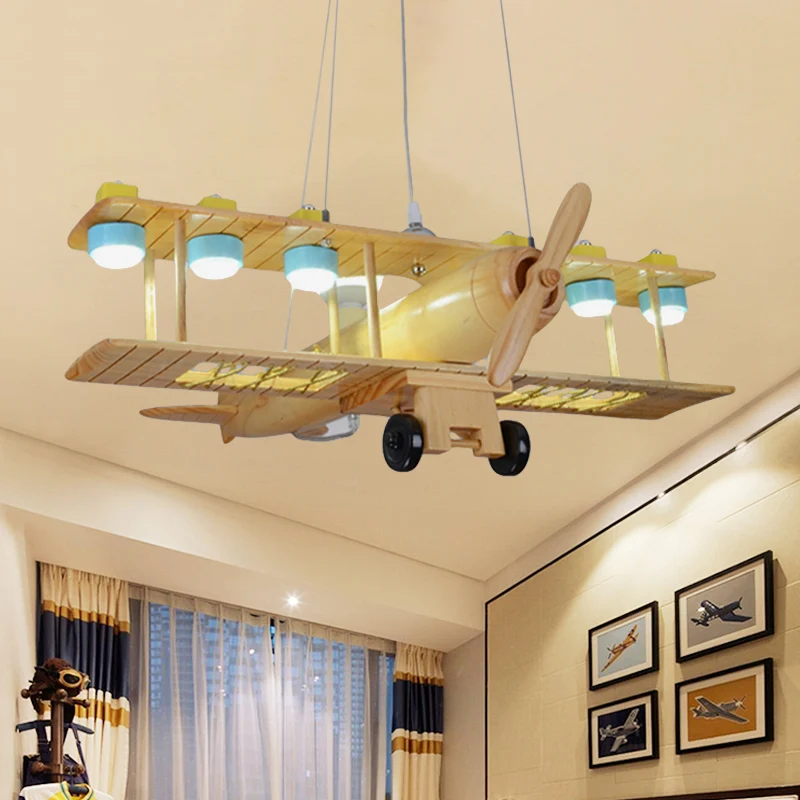 Beige hanglamp Scandinavische stijl, zweefvliegtuigvormige houten hanglamp voor de kleuterschool Clearhalo