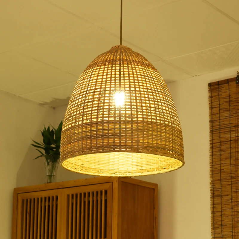 Beige koepelvormige plafondlamp moderne 1-lichts bamboe hanglamp Clearhalo