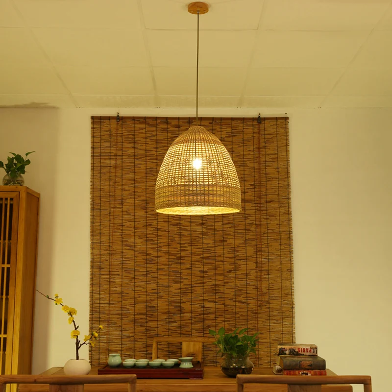 Beige koepelvormige plafondlamp moderne 1-lichts bamboe hanglamp Clearhalo