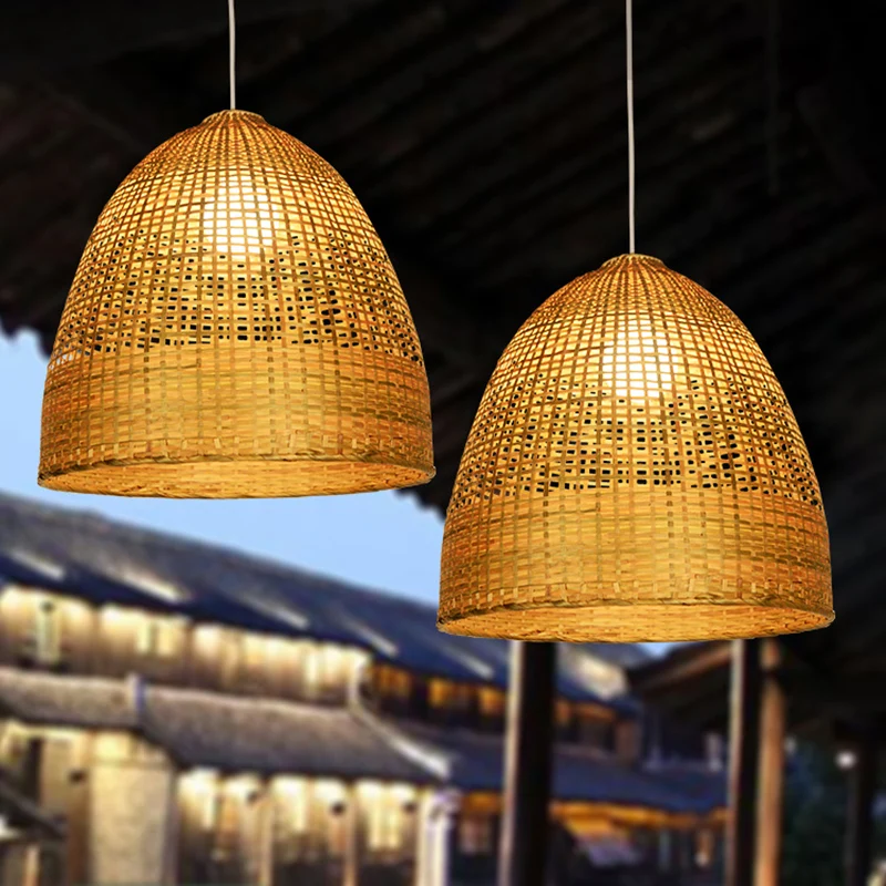 Beige koepelvormige plafondlamp moderne 1-lichts bamboe hanglamp Clearhalo