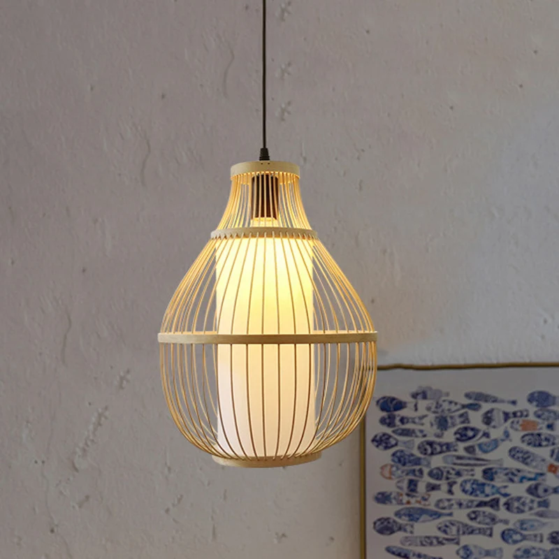 Beige peer hanglamp Chinese 1 kop bamboe plafond hanglamp voor eetkamer Clearhalo
