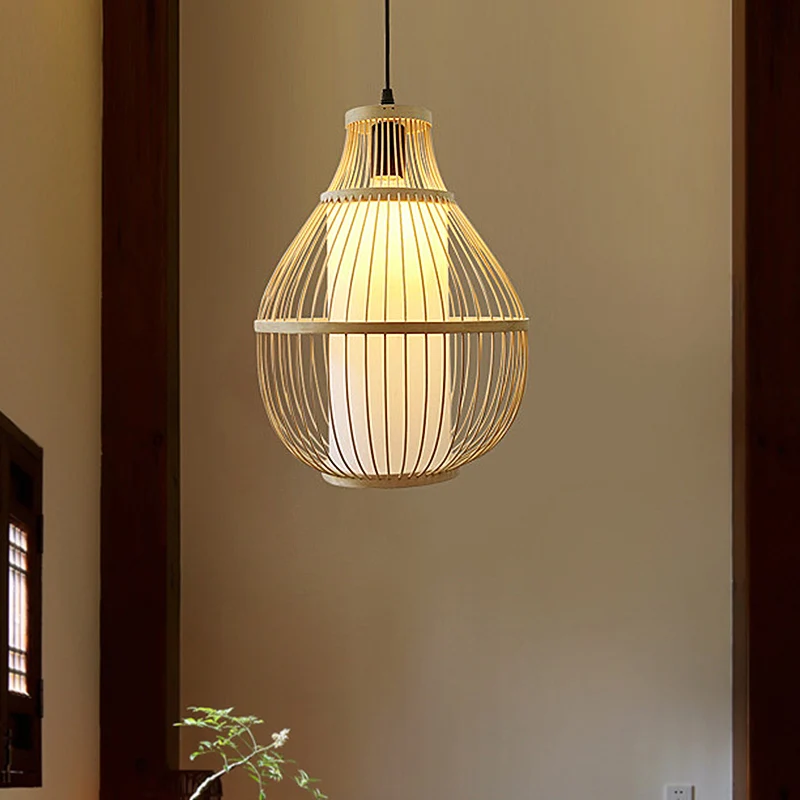 Beige peer hanglamp Chinese 1 kop bamboe plafond hanglamp voor eetkamer Clearhalo