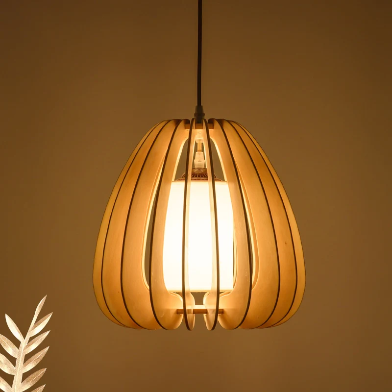 Beige peer hanglamp eigentijds 1 kop houten plafond hanglamp voor restaurant Clearhalo