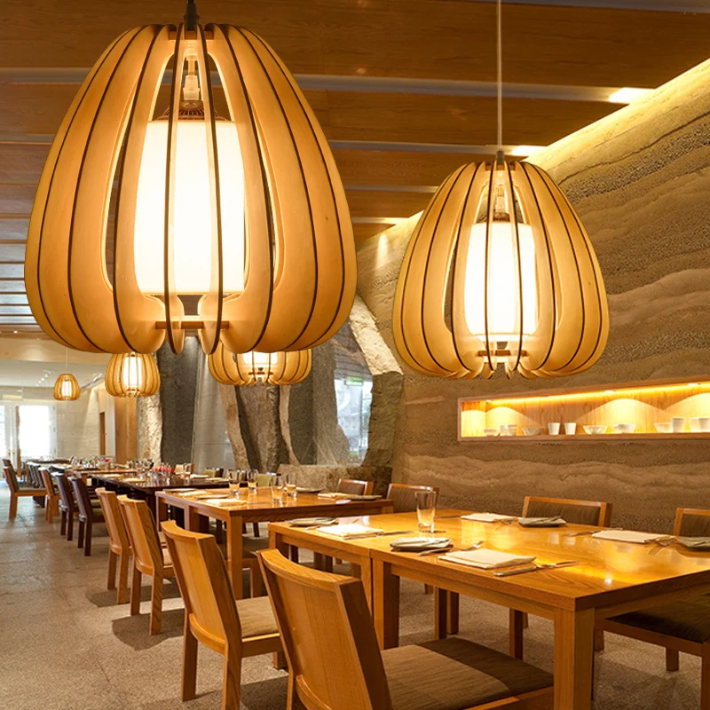 Beige peer hanglamp eigentijds 1 kop houten plafond hanglamp voor restaurant Clearhalo