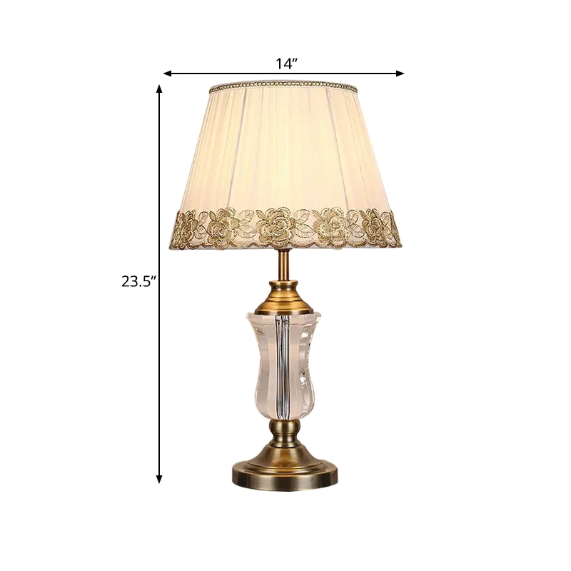 Beige tonnachtlampje, moderne 1-lichte stoffen tafellamp met urn-kristallen lampenstandaard Clearhalo