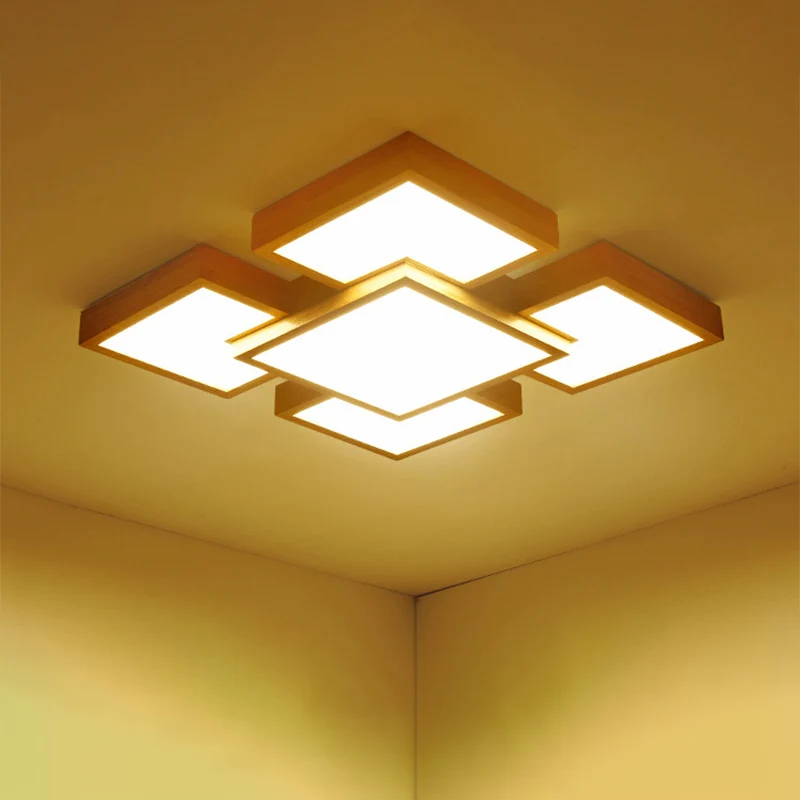 Beige vierkante/rechthoekige blokinbouwlamp Moderne 22"/31,5"/42" brede LED houten plafondlamp Clearhalo