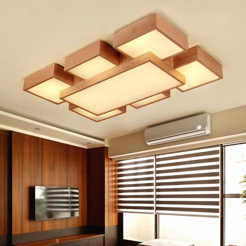 Beige vierkante/rechthoekige blokinbouwlamp Moderne 22"/31,5"/42" brede LED houten plafondlamp Clearhalo