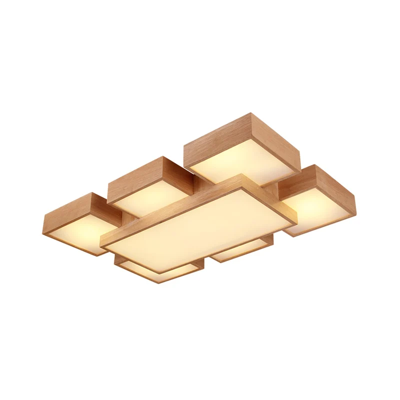 Beige vierkante/rechthoekige blokinbouwlamp Moderne 22"/31,5"/42" brede LED houten plafondlamp Clearhalo