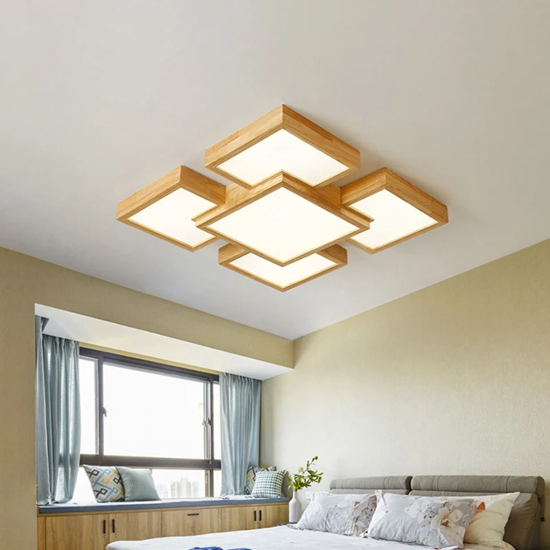 Beige vierkante/rechthoekige blokinbouwlamp Moderne 22"/31,5"/42" brede LED houten plafondlamp Clearhalo
