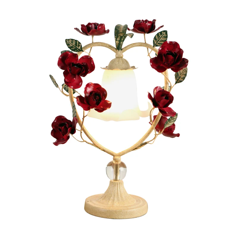 Beige/blauw nachtlampje met één kop Klassiek wit glas Bloom-leesboeklamp met hartframe en rozenontwerp Clearhalo