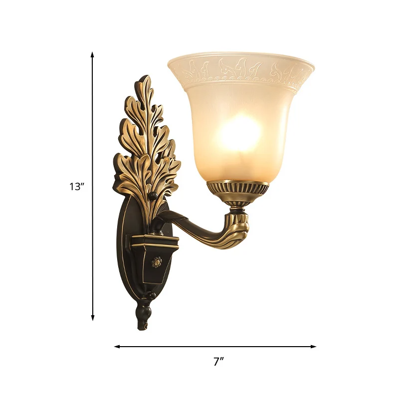 Bell Slaapkamer Sconce Lichtarmatuur Rustiek matglas 1/2-lichts zwart-gouden wandlamp met uitgesneden arm Clearhalo