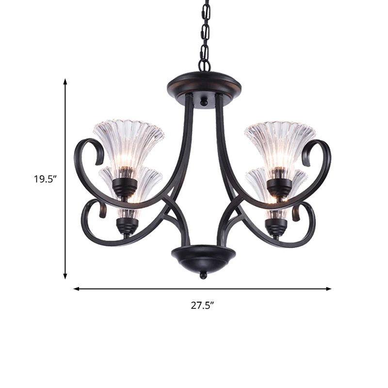 Bell Woonkamer Plafondkroonluchter Traditioneel Helder Geribbeld Glas 4/6/8 Lichten Zwart Hangend Armatuur Clearhalo