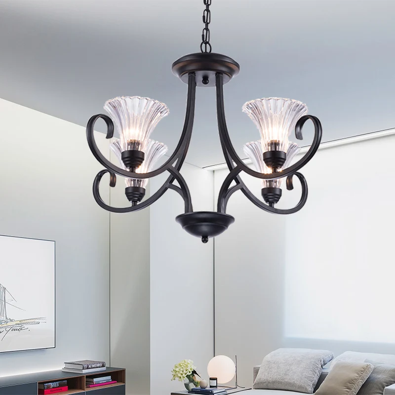 Bell Woonkamer Plafondkroonluchter Traditioneel Helder Geribbeld Glas 4/6/8 Lichten Zwart Hangend Armatuur Clearhalo