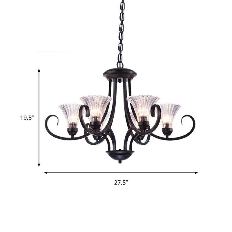 Bell Woonkamer Plafondkroonluchter Traditioneel Helder Geribbeld Glas 4/6/8 Lichten Zwart Hangend Armatuur Clearhalo
