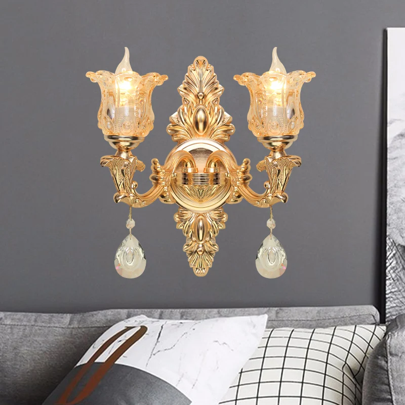 Bellflower Amber Glazen Wandlamp Kit Antiek 2 Lichten Woonkamer Schans Lichtarmatuur goud Clearhalo