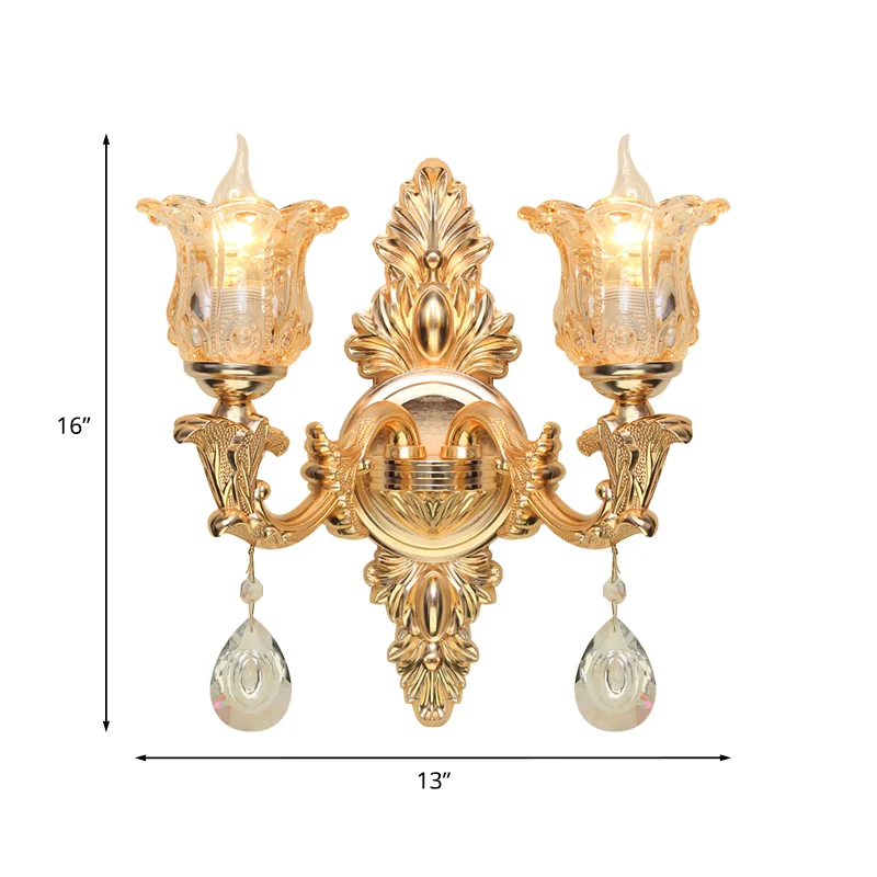 Bellflower Amber Glazen Wandlamp Kit Antiek 2 Lichten Woonkamer Schans Lichtarmatuur goud Clearhalo