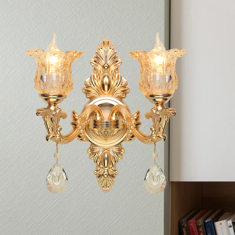 Bellflower Amber Glazen Wandlamp Kit Antiek 2 Lichten Woonkamer Schans Lichtarmatuur goud Clearhalo