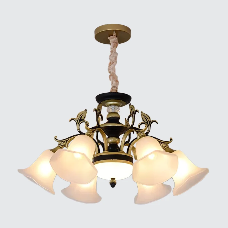 Bellflower Frosted Wit Glazen Kroonluchter Boerderij 3/6/12 Hoofden Woonkamer Hangende Lichtarmatuur Brons Clearhalo