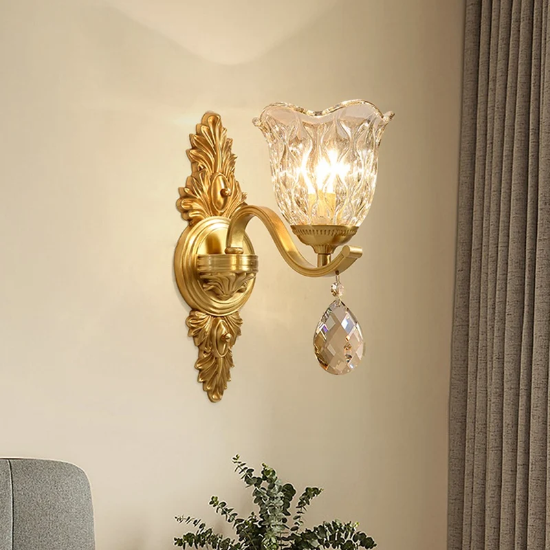Bellflower-wandlamp van geblazen glas, midden van de eeuw, 1-lichts eetkamer-sconce-verlichting messing Clearhalo