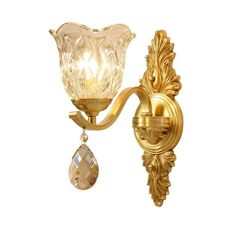 Bellflower-wandlamp van geblazen glas, midden van de eeuw, 1-lichts eetkamer-sconce-verlichting messing Clearhalo